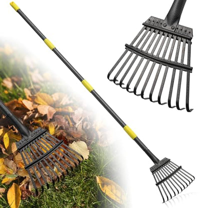 Leaf Rake: 8.5" Wide Heavy Duty Small Metal Garden Rake for Lawn Yard Garden Bed Leaves Debris Shrub Pine Needles Cleanup, 11 Metal Tines, Lightweight Kids Leaf Rakes, 72” Long Handle - style: 11 tines-6ft