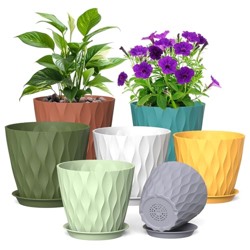 Meowell 7/6.5/6/5.5/5/4.5/4 inch Plant Pots for Indoor Outdoor Plants, 7 Pack Thick Flower Pots with Drainage Holes and Saucers, Modern Wave Texture Small Plastic Planters Nursery Pots, Multicolor - color: Colorful, size: 7+6.5+6+5.5+5+4.5+4 inch 7 pieces