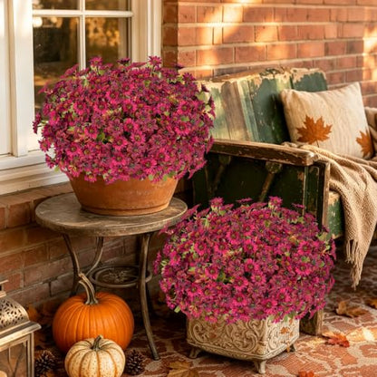 15PCS Artificial Fall Flowers for Outdoors, UV Resistant Fake Mums - color: Burgundy Daisies & Burgundy Violets