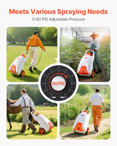 VEVOR 13.1 Gallon Battery Powered Sprayer with Wheels, Adjustable 0-80 PSI, 5 Nozzles and 98ft Hose Included, Orange - size: 13.1 Gal