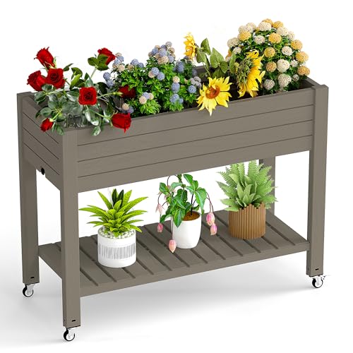 PatioZen Raised Garden Bed with Legs, 33.66" Tall Self-Watering Resin Planter Box with Lockable Wheels Drainage Plug and Gauge for Vegetables, Flowers, Storage Shelf for Tools and Accessories (Grey) - color: Gray, size: 43.31"L x 17.72"W x 33.66"H