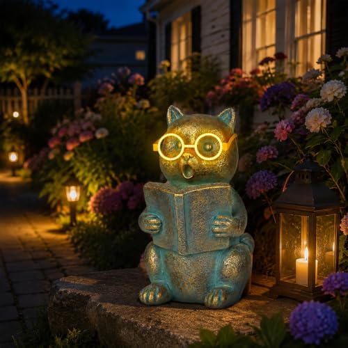 Solar Reading Cat Decor with Light-Up Glasses Patina Garden Statues - size: Cat