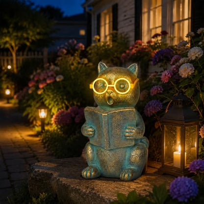 Solar Reading Cat Decor with Light-Up Glasses Patina Garden Statues - size: Cat