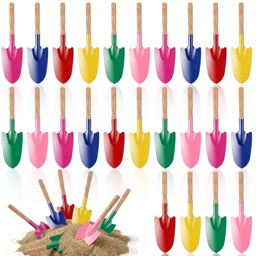 MAQUITA 24PCS Colorful Mini Hand Shovel for Gardening, Small Shovel Set with Wooden Handle, Sand and Beach Shovels for Planting, 6 Colors, 10.6 x 2.8 Inches