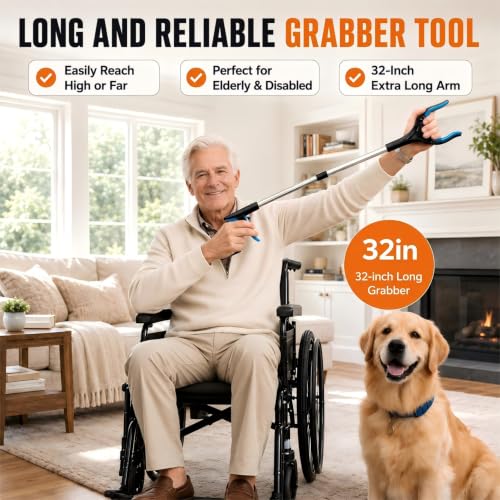 2 Pack 32" Grabber Reacher Tool, LEGENDONE Foldable Reacher Grabbers Pickup Tool for Senior, Heavy Duty Upper Gripper, 4" Wide Claw Trash Picker, Strong Grip| Powerful Magnet| 360° Rotating Head - color: 32"blue&orange - 2pack