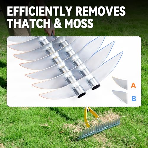 Thatch Rake for Lawn with 74inch Handle, 15 inch Dethatcher Rake for Grass to Cleaning Dead Grass, Efficient Steel Metal Rake for Dethatching, Heavy Duty Thatching Rakes for Garden, Yard