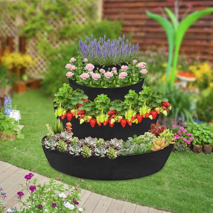 Wenfan 4 Tiered Strawberry Planter Fabric Raised Garden Planting Bed Stackable Strawberry Planter Bag Felt Planting Container for Growing Vegetables Herb Plant, 8 Inch Deep, Round