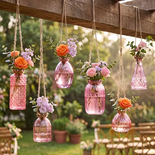 6 Pcs Stained Glass Hanging Propagation Vases, Pink - color: Pink Series