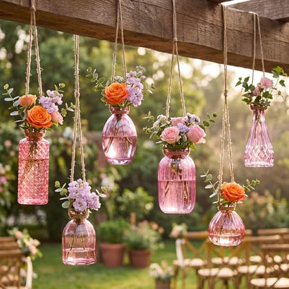 6 Pcs Stained Glass Hanging Propagation Vases, Pink - color: Pink Series