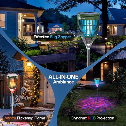 Solar Bug Zapper Outdoor, Mosquito Zapper with Flame & Projector Light - color: Olive