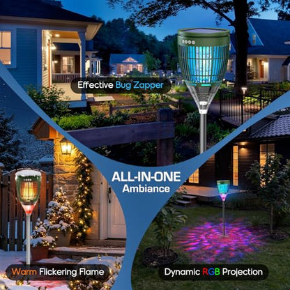 Solar Bug Zapper Outdoor, Mosquito Zapper with Flame & Projector Light - color: Olive