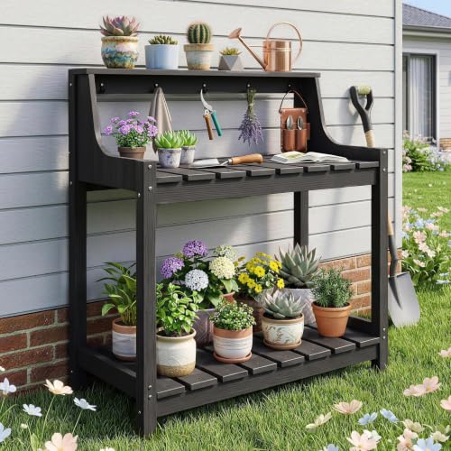 Outdoor HDPE Garden Potting Bench Weatherproof Potting Table Outside - color: Black