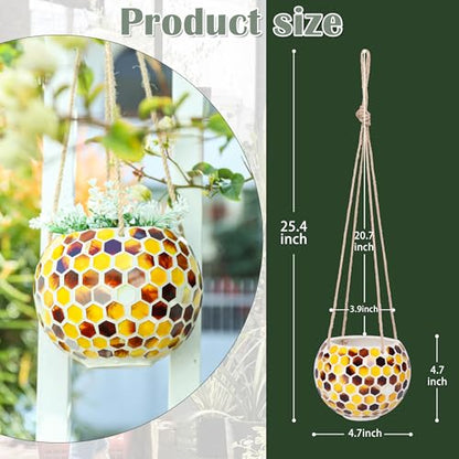 Ceramic Hanging Planter, Yellow Mosaic Bee Style Flower Plant Pot - color: Yellow