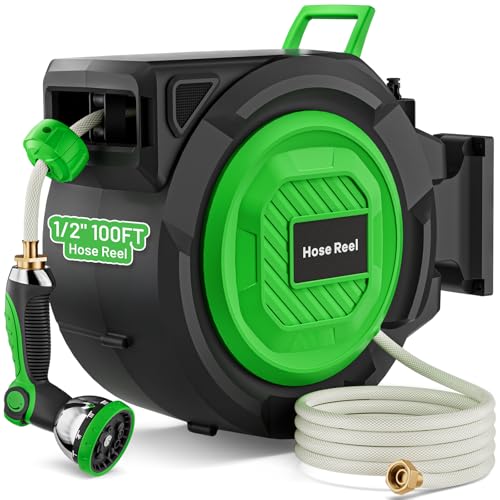 Retractable Garden Hose Reel, 1/2 in x 100 ft Automatic Slow Rewind System & Any Length Lock, Heavy Duty Wall-Mounted Hose Reel with 180° Swivel Bracket,10-Pattern Nozzle for outside Watering,Cleaning - size: 1/2" 100FT-90% Choice