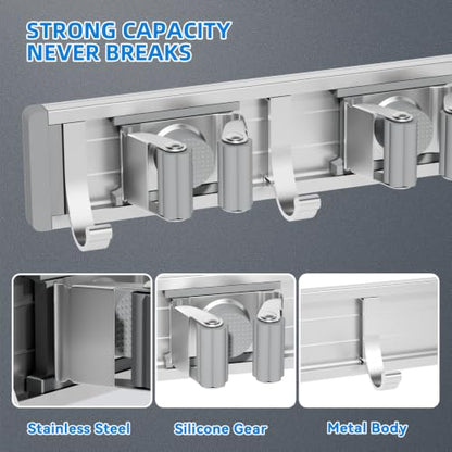 reliahom Broom Holder Wall Mount Mop Hanger Tools organizer 4Racks 5Hooks - color: Gray