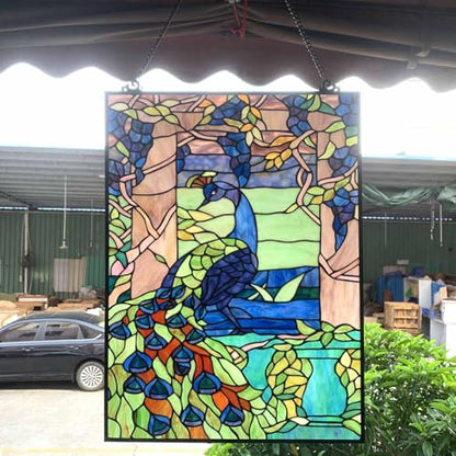 Bieye W10095 Blue Peacock Tiffany Style Stained Glass Window Panel - size: 17.5Wx23.75H Rectangular
