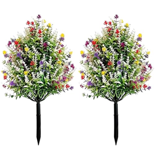 THKFUL 2 Pack Fall Artificial Flower Ball Topiary Trees with Ground Stakes, UV Resistant Faux Boxwood Shrubs for Front Porch Planters, Garden, Patio, Entryway & Autumn Outdoor Decor - color: Mulitcolor