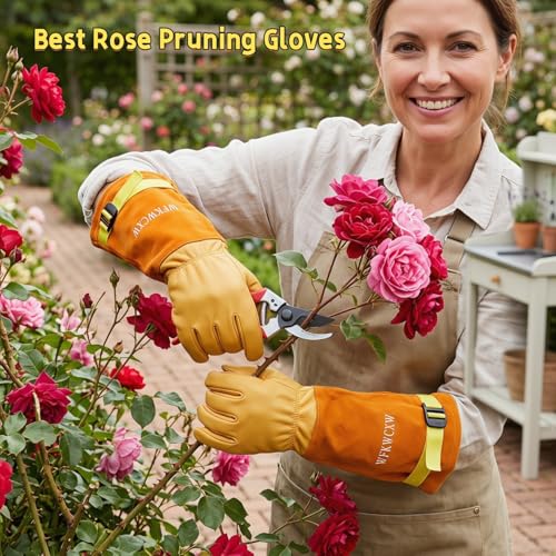 Cow Leather Adjustable Thorn Proof Gardening Gloves - color: Yellow, size: Large
