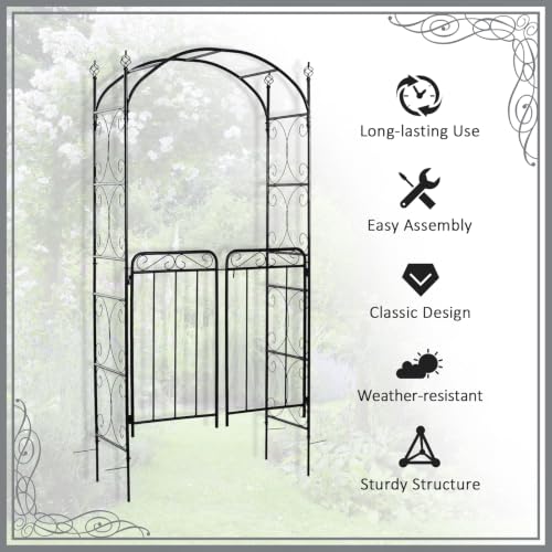 Outsunny 84" Garden Arch Arbor with Gate Metal for Climbing Vines Black
