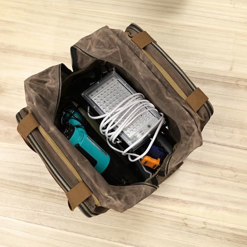 Kaaltisy 16oz Waxed Canvas Tool Bag – Robust Zipper Garden Tools Tote with 3 Compartments & Padded Handle (Grey) – Tool Organizer for Gardening Wire Cutters Goggles - color: Grey