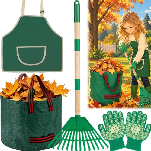 34" Kids Adjustable Leaf Rake Set 4 Pack with Apron & Leaf Bag - size: 4pcs