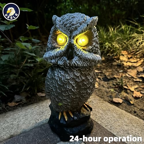 Solar Powered Owl with Motion Detection, Silent Mode, Flashing Eyes, Rotatable Head and Realistic Hoots, Plastic Owl Decoration for Home, Garden, Patio and Fence