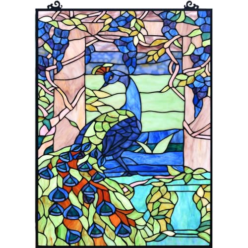 Bieye W10095 Blue Peacock Tiffany Style Stained Glass Window Panel - size: 17.5Wx23.75H Rectangular