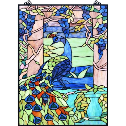 Bieye W10095 Blue Peacock Tiffany Style Stained Glass Window Panel - size: 17.5Wx23.75H Rectangular