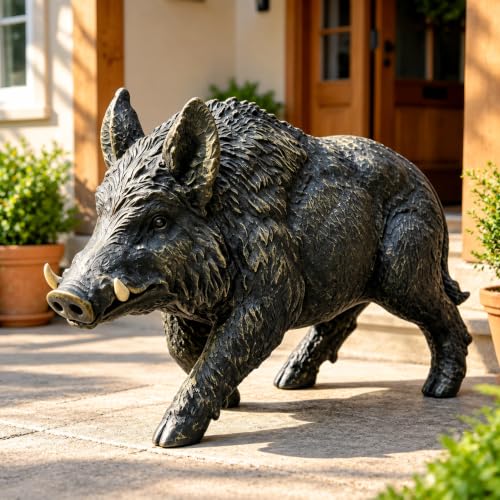 12.2" H x 21.3" L Realistic Wild Boar Garden Statue, Weather-Resistant Resin Outdoor Animal Sculpture, Lifelike Lawn Yard Patio Decor, Rustic Wildlife Ornament for Indoor & Outdoor (Black Wild Boar) - color: Black Wild Boar