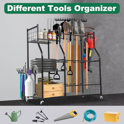 Garden Tool Organizer with Wheels for Garage Shed Yard Outdoor Storage Rack