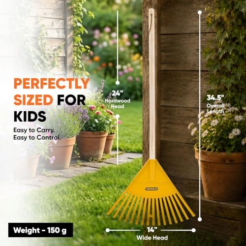 Superio Kids Leaf Rake, 34-Inch Lawn & Garden Rake with Hardwood Handle and Durable Plastic Head, Leaf Cleanup Tool, Yellow 2 Pack - color: Yellow