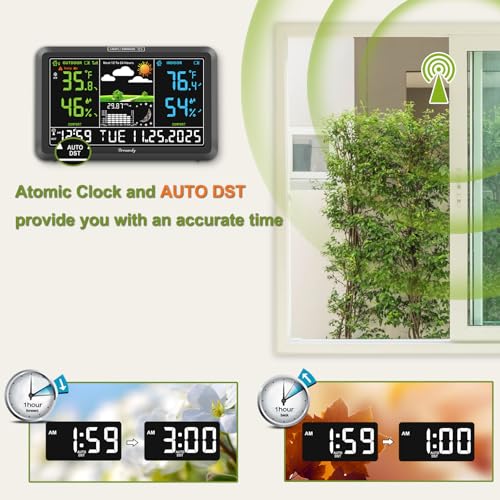 DreamSky Weather Station Indoor Outdoor Thermometer Wireless, Atomic Clock - color: Black with 3 sensor