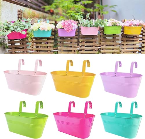 LaLaGreen Colorful Rail Planter (17 in, 6 Pack) Metal Fence Deck Buckets - color: Assorted a X 6 Pack