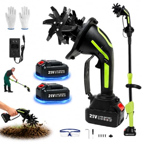 21V 2-in-1 Cordless Mini Garden Tiller Cultivator, 8.0Ah (2×4.0Ah) Batteries, 235RPM Electric Handheld Rototiller, 4" Width & Depth Soil Cultivator with Extension Rod for Raised Beds, Flower Beds - color: Emerald Green