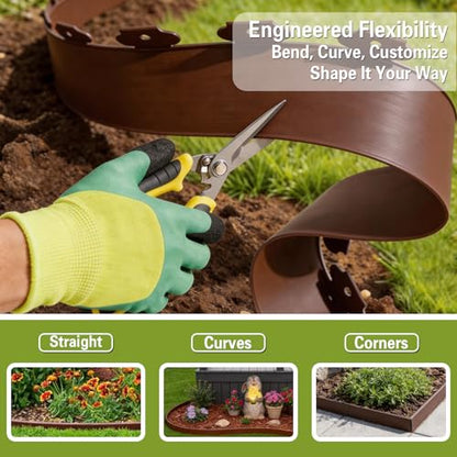 33 ft No Dig Landscape Edging Kit with 50 Spikes, Hammer & Gloves, 4in high - color: Brown, size: 4in x 33ft