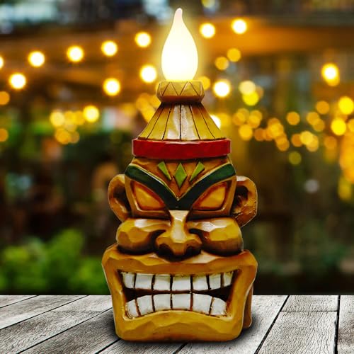 Outdoor Solar Tiki Statue Decor - Tiki Bar Decoration - Torch Tiki Head Statues for Patio, Yard, Backyard, Lawn, Garden Gift, Garden Tiki Figurine 8.74 Inch Tall - color: Torch Tiki