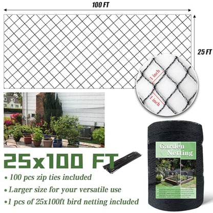 25 x 100 FT Bird Netting,1" Mesh Garden Netting,100PCS Zip Ties - size: 25 x 100 FT 1" Mesh