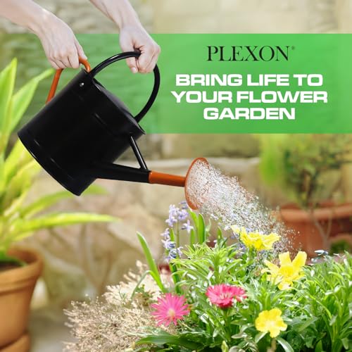 Plexon Metal Watering Can Outdoor 1 Gallon, Flower Plant Gardening Garden Large Watering Can Pot Pitcher, Steel Orange Handles and Removable Spray Spout, Black - color: Black