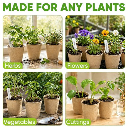 120 Pack 4 inch Peat Pots for Seeding with 120Pcs Plant Labels, Biodegradable Seed Starter Pots with Drainage Holes, Garden Germination Nursery Pots