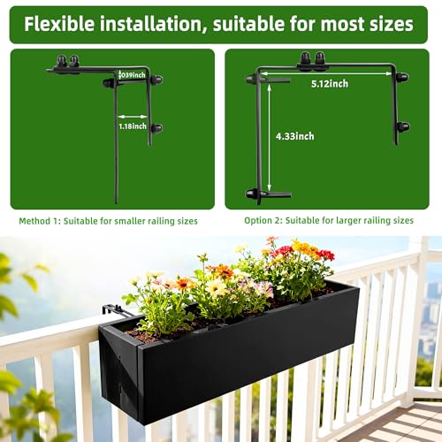 2 Pack Metal Railing Planter Box, 30 Inch Balcony Planters with Adjustable Brackets, Large Hanging Planters for Outdoor Fence Deck