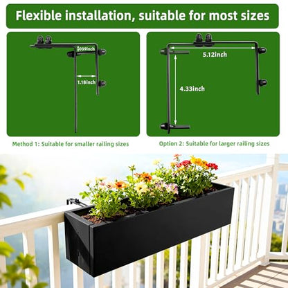 2 Pack Metal Railing Planter Box, 30 Inch Balcony Planters with Adjustable Brackets, Large Hanging Planters for Outdoor Fence Deck