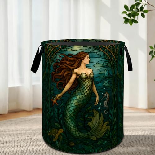 Vintage Mermaid Laundry Basket with Handles,Fantasy Ocean Fish Round Waterproof Clothes Storage Baskets,Collapsible Bin for Bedroom Bathroom Dorm Gifts Mystical Gothic Decor 19.7x15.7 Inch - color: Mermaid