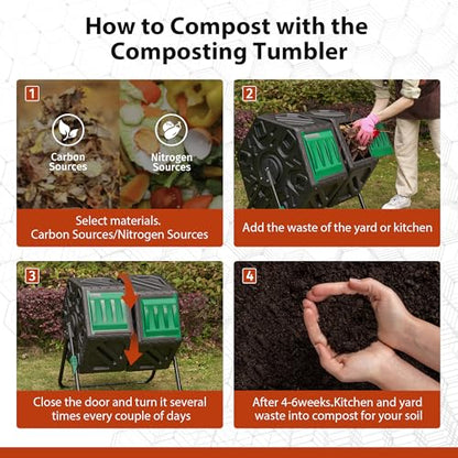Compost Bin, 37-Gal Dual Chamber Composter Tumbler, Black Green