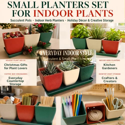 3.5" Christmas Succulent Pots, Plant Pots with Drainage Trays - color: Red,white,green