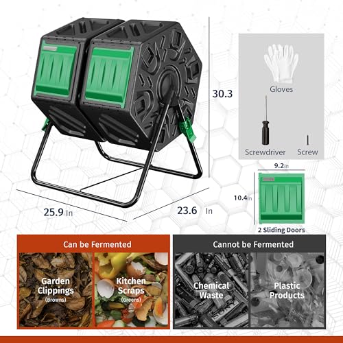 Compost Bin, 37-Gal Dual Chamber Composter Tumbler, Black Green