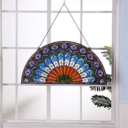 Bieye W10034 Blue Peacock Feather Tiffany Style Stained Glass Window Panel - size: 36Wx18H Half-round
