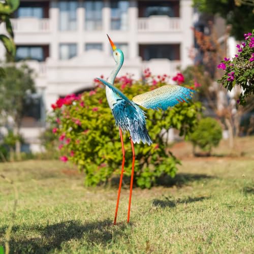 40" Metal Crane Garden Statue, Large Outdoor Heron Sculpture - color: 40 Inch Blue