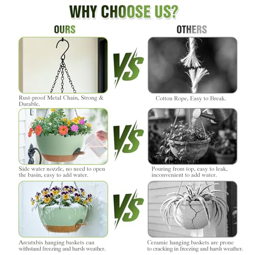 13 Inch Large Self Watering Hanging Planters 2 Pack with Saucers - color: Green Brown, size: 13 Inch 2 Pack