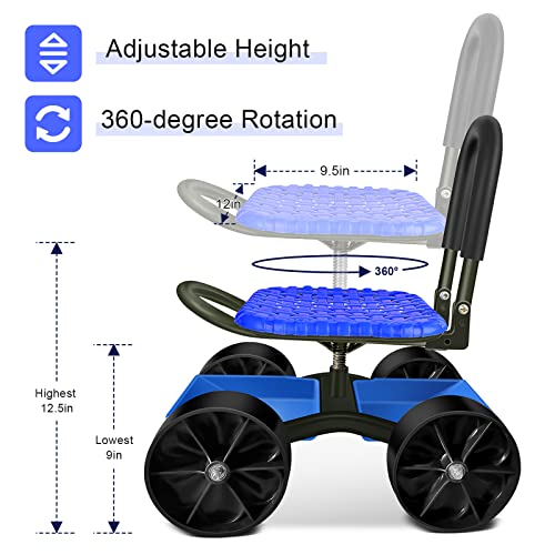 i Cover Garden Cart Rolling Stool with Four Wheels and Tool Bag, Stable Workseat Sturdy Carts Adjustable Seat Height and Direction, Gardening Helper, Blue - size: 4 Wheels