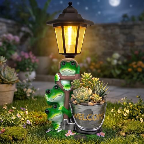 Solar Frog Outdoor Garden Statue with Flowerpot & Lantern - color: Frog